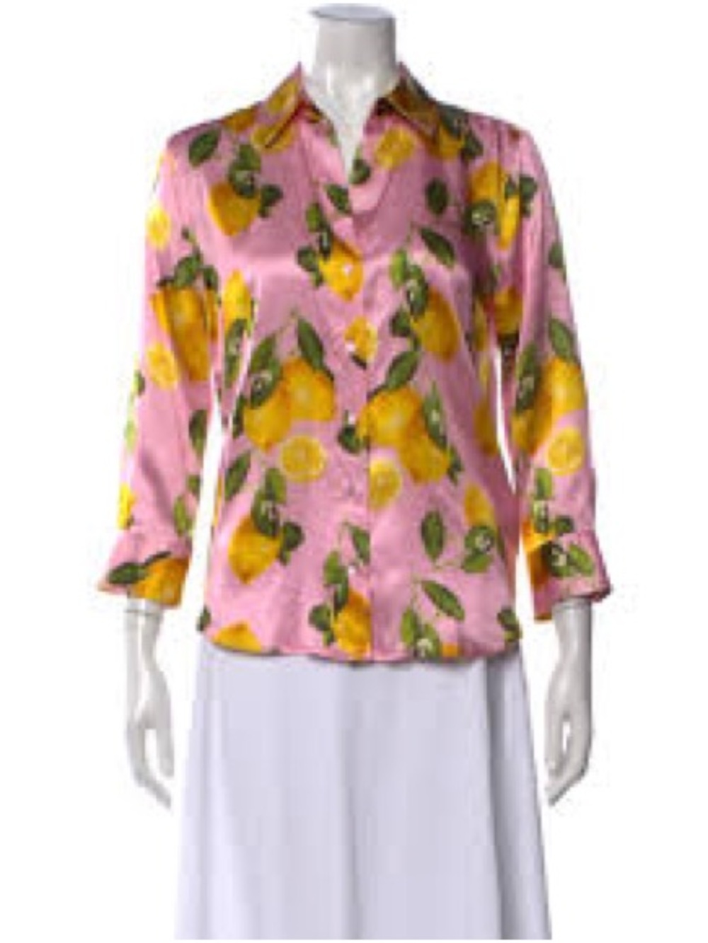 L'AGENCE Pink Lemon-Print Silk Button-Down Shirt 100% silk